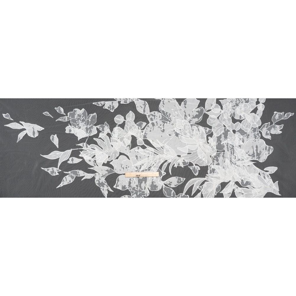Beaded and Embroidered Tulle with Burnout Fabric Appliques - Off White Tropical Garden - Full