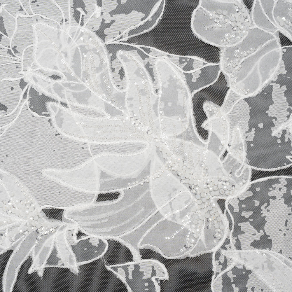 Beaded and Embroidered Tulle with Burnout Fabric Appliques - Off White Tropical Garden
