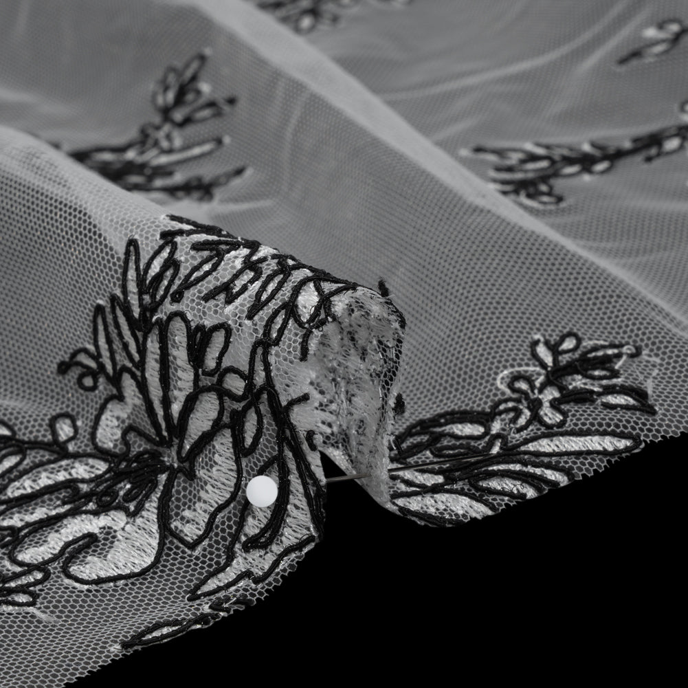 Corded Embroidered Tulle Lace with Scalloped Borders - Black and White Floral Detail