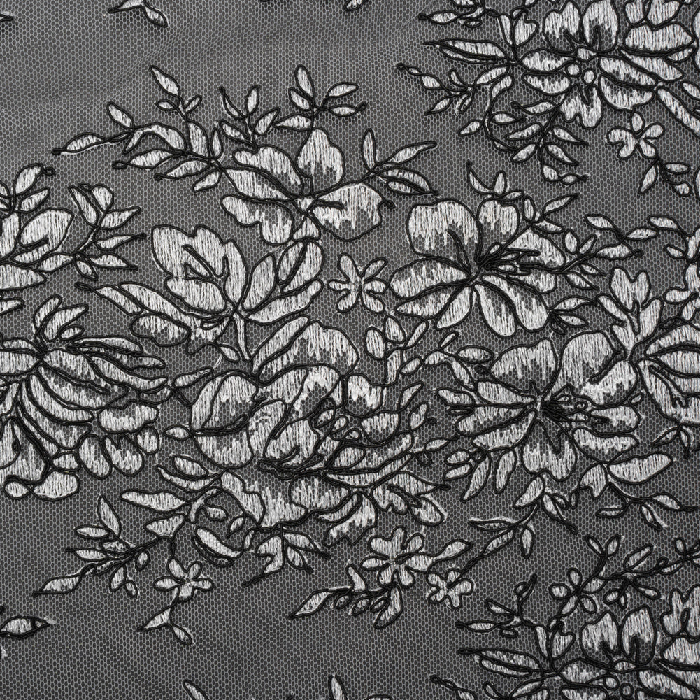 Corded Embroidered Tulle Lace with Scalloped Borders - Black and White Floral