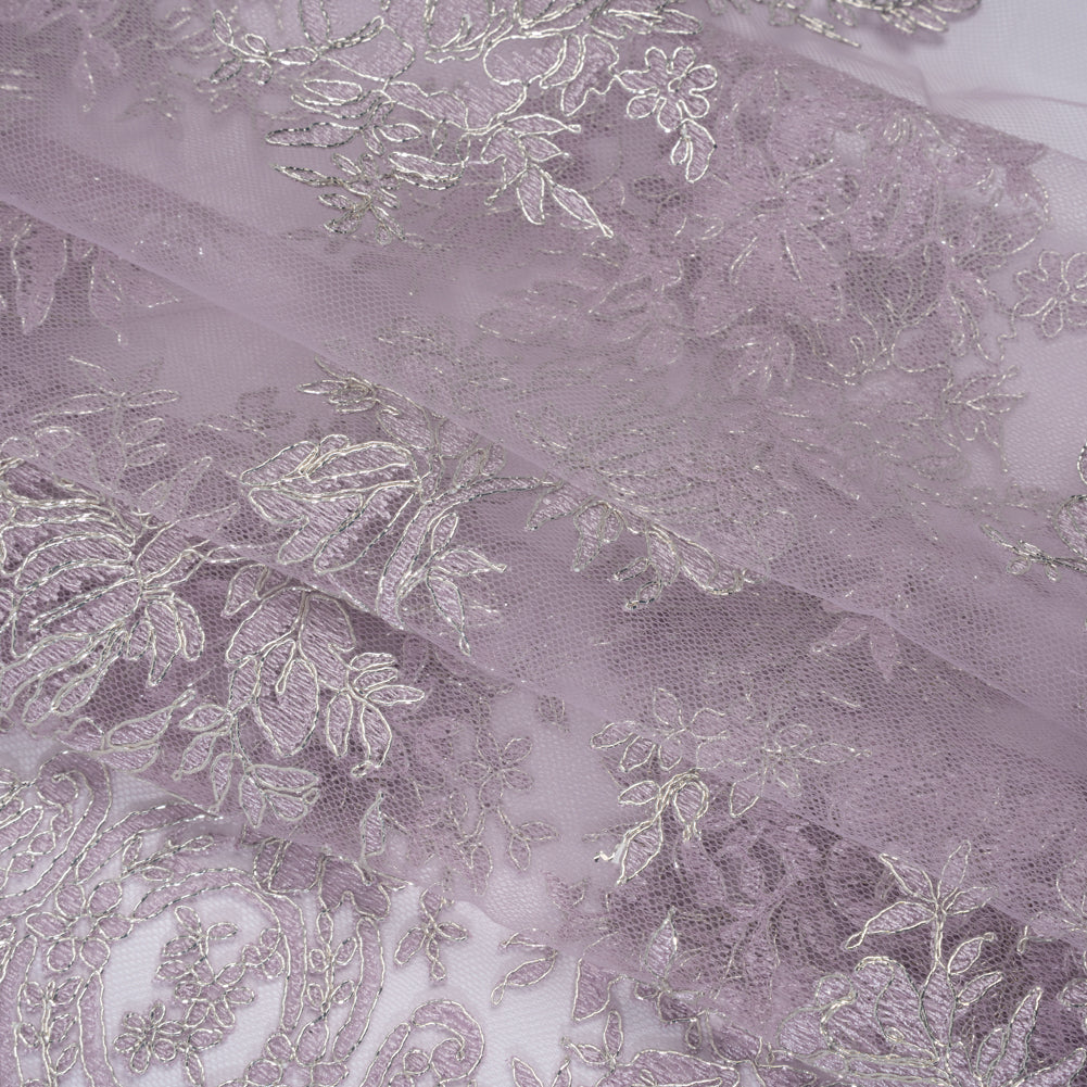 Corded Embroidered Tulle Lace with Scalloped Borders - Lilac and Silver Floral Folded
