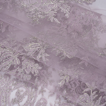 Corded Embroidered Tulle Lace with Scalloped Borders - Lilac and Silver Floral Folded