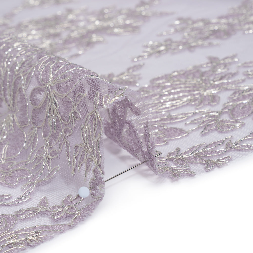 Corded Embroidered Tulle Lace with Scalloped Borders - Lilac and Silver Floral Detail