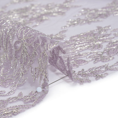 Corded Embroidered Tulle Lace with Scalloped Borders - Lilac and Silver Floral Detail