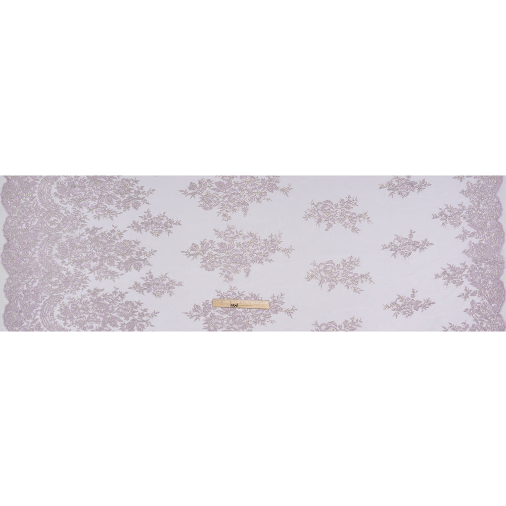 Corded Embroidered Tulle Lace with Scalloped Borders - Lilac and Silver Floral - Full
