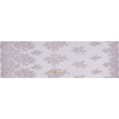 Corded Embroidered Tulle Lace with Scalloped Borders - Lilac and Silver Floral - Full