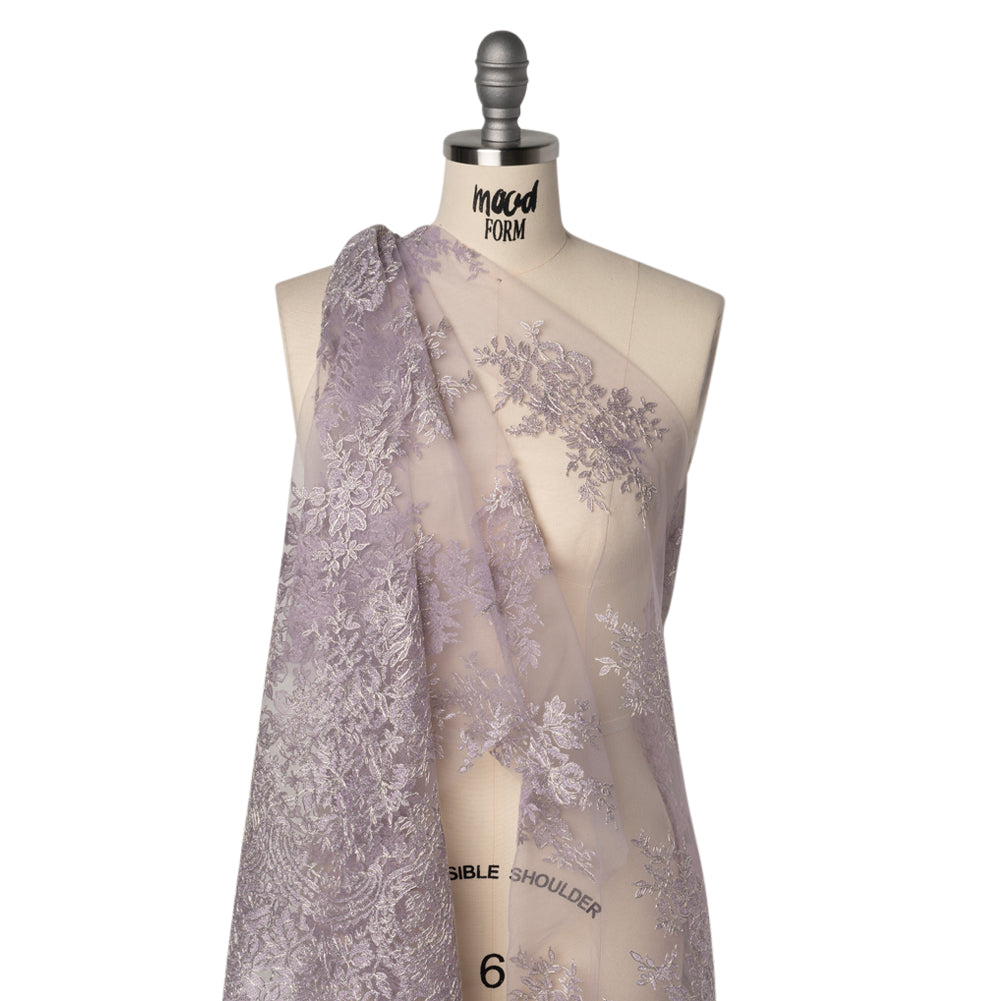 Corded Embroidered Tulle Lace with Scalloped Borders - Lilac and Silver Floral Drape