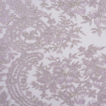 Corded Embroidered Tulle Lace with Scalloped Borders - Lilac and Silver Floral