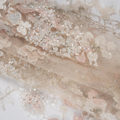 Beaded and Embroidered Tulle with 3D Fabric Flowers - Beige, Pink and White Blossoms Folded