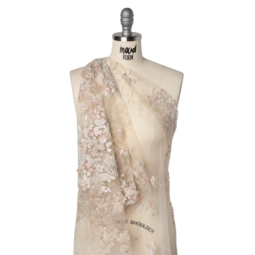 Beaded and Embroidered Tulle with 3D Fabric Flowers - Beige, Pink and White Blossoms Drape