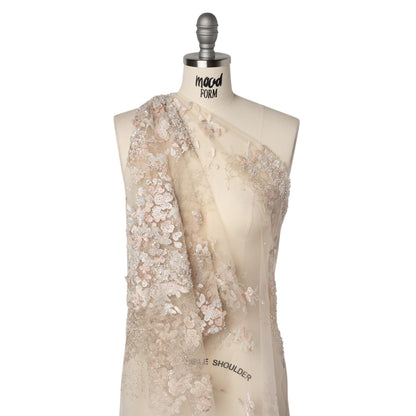 Beaded and Embroidered Tulle with 3D Fabric Flowers - Beige, Pink and White Blossoms Drape