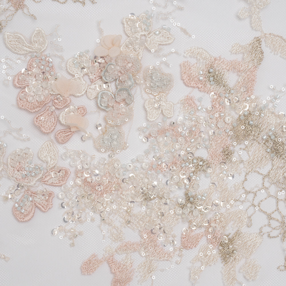 Beaded and Embroidered Tulle with 3D Fabric Flowers - Beige, Pink and White Blossoms