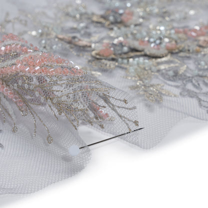 Beaded and Embroidered Tulle with 3D Appliques - Light Blue, Pink and Gold Fanciful Floral Sprays Detail