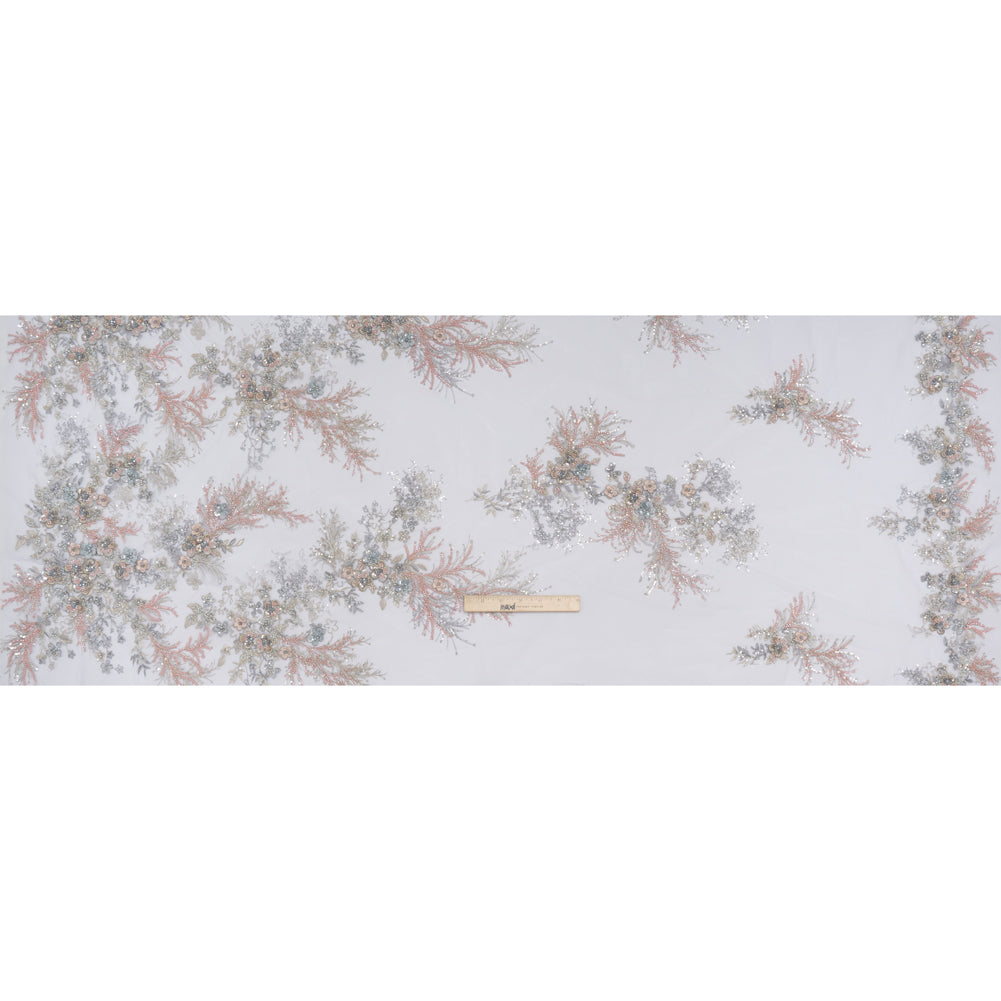 Beaded and Embroidered Tulle with 3D Appliques - Light Blue, Pink and Gold Fanciful Floral Sprays - Full