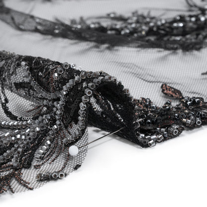 Beaded and Embroidered Tulle with 3D Appliques - Black and Bronze Fanciful Floral Sprays Detail