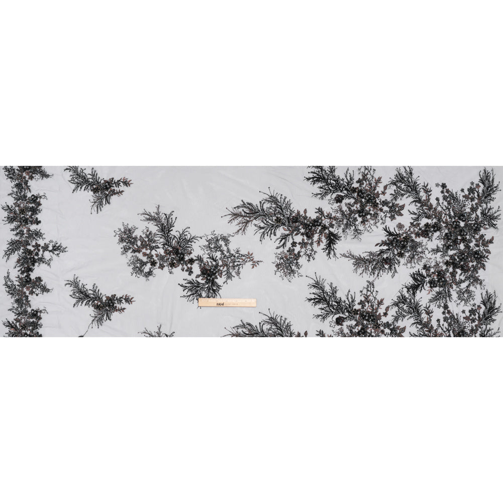 Beaded and Embroidered Tulle with 3D Appliques - Black and Bronze Fanciful Floral Sprays - Full