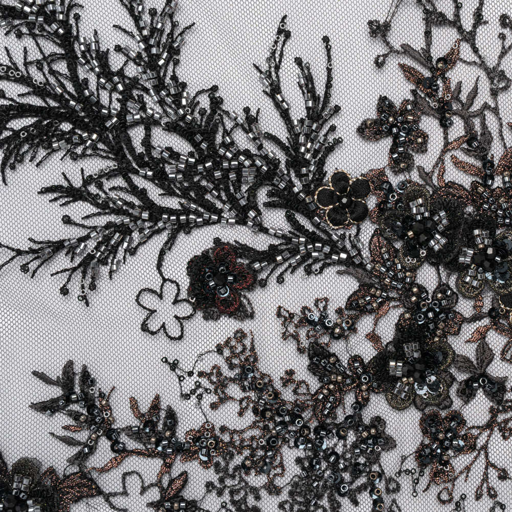 Beaded and Embroidered Tulle with 3D Appliques - Black and Bronze Fanciful Floral Sprays