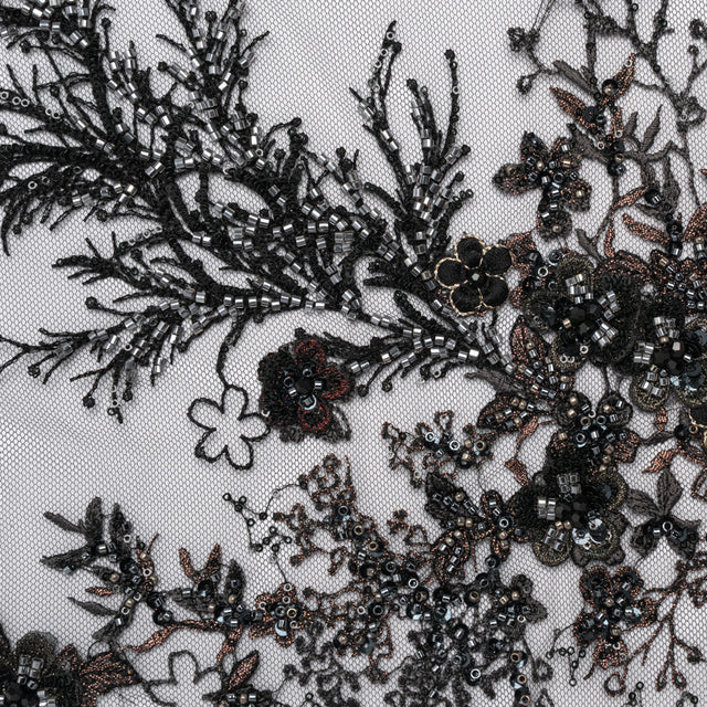 Beaded and Embroidered Tulle with 3D Appliques - Black and Bronze Fanciful Floral Sprays