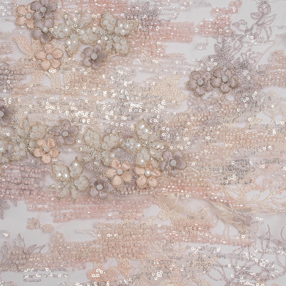 Beaded and Embroidered Tulle with 3D Appliques - Beige and Pink Floral Reflections