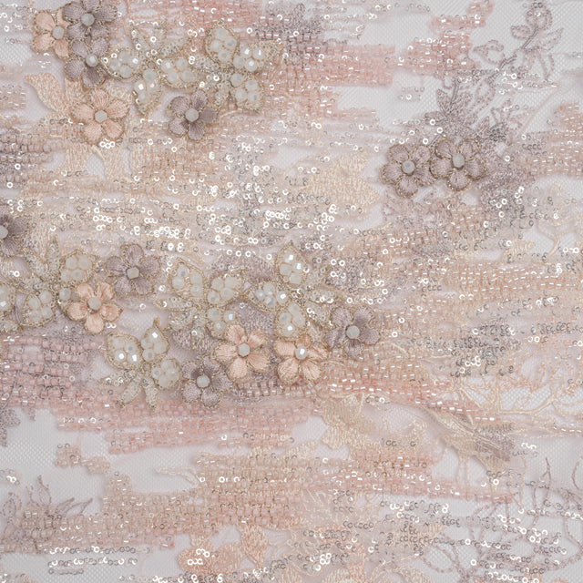 Beaded and Embroidered Tulle with 3D Appliques - Beige and Pink Floral Reflections