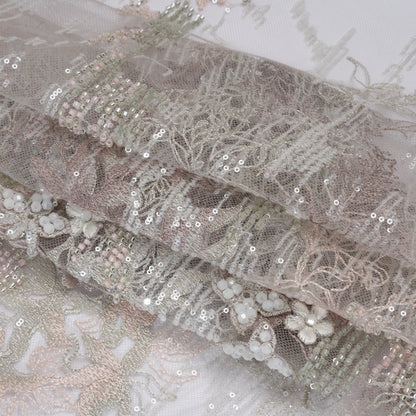 Beaded and Embroidered Tulle with 3D Appliques - Light Gray and Pink Floral Reflections Folded
