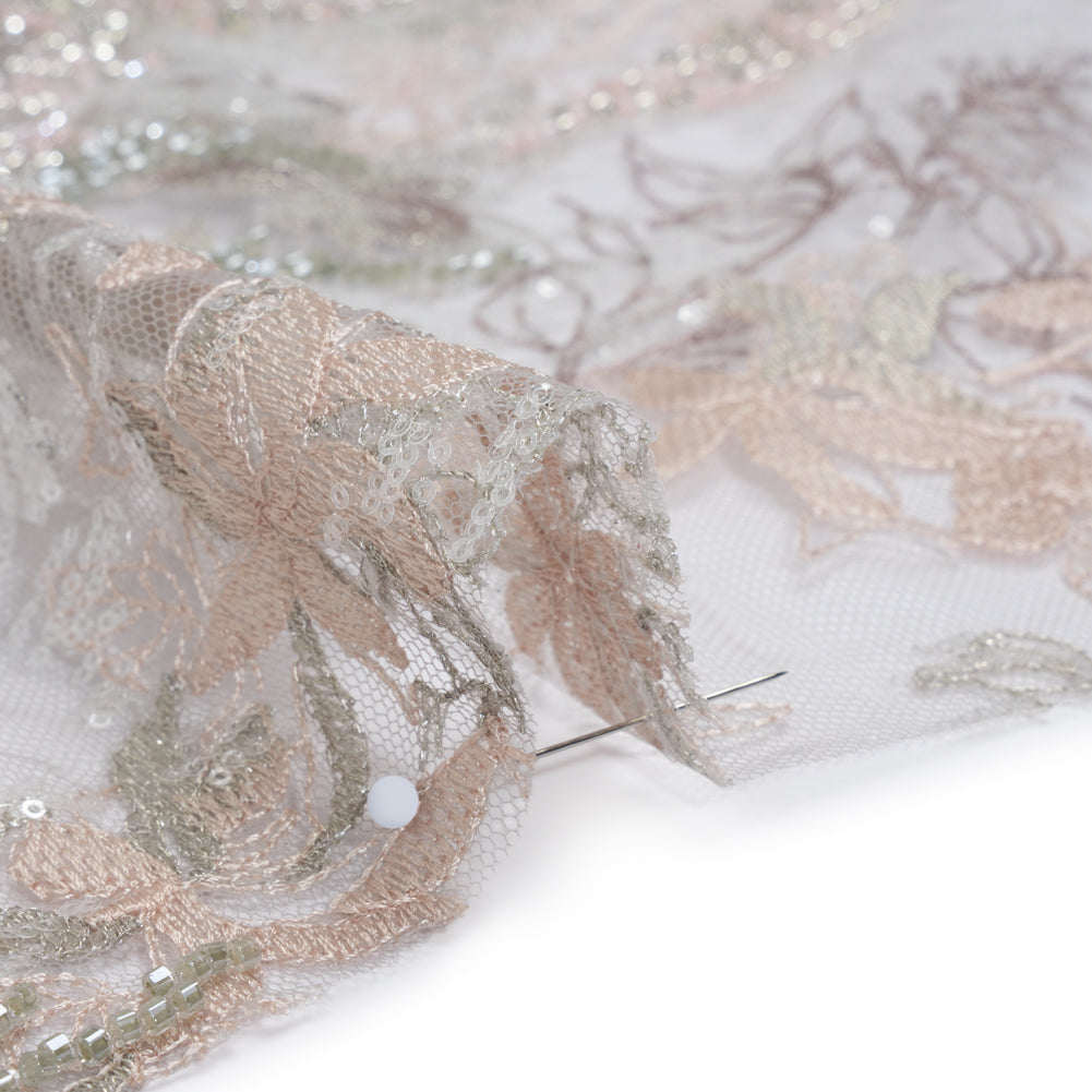Beaded and Embroidered Tulle with 3D Appliques - Light Gray and Pink Floral Reflections Detail