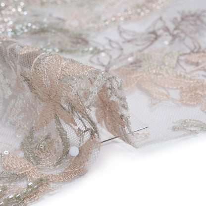 Beaded and Embroidered Tulle with 3D Appliques - Light Gray and Pink Floral Reflections Detail
