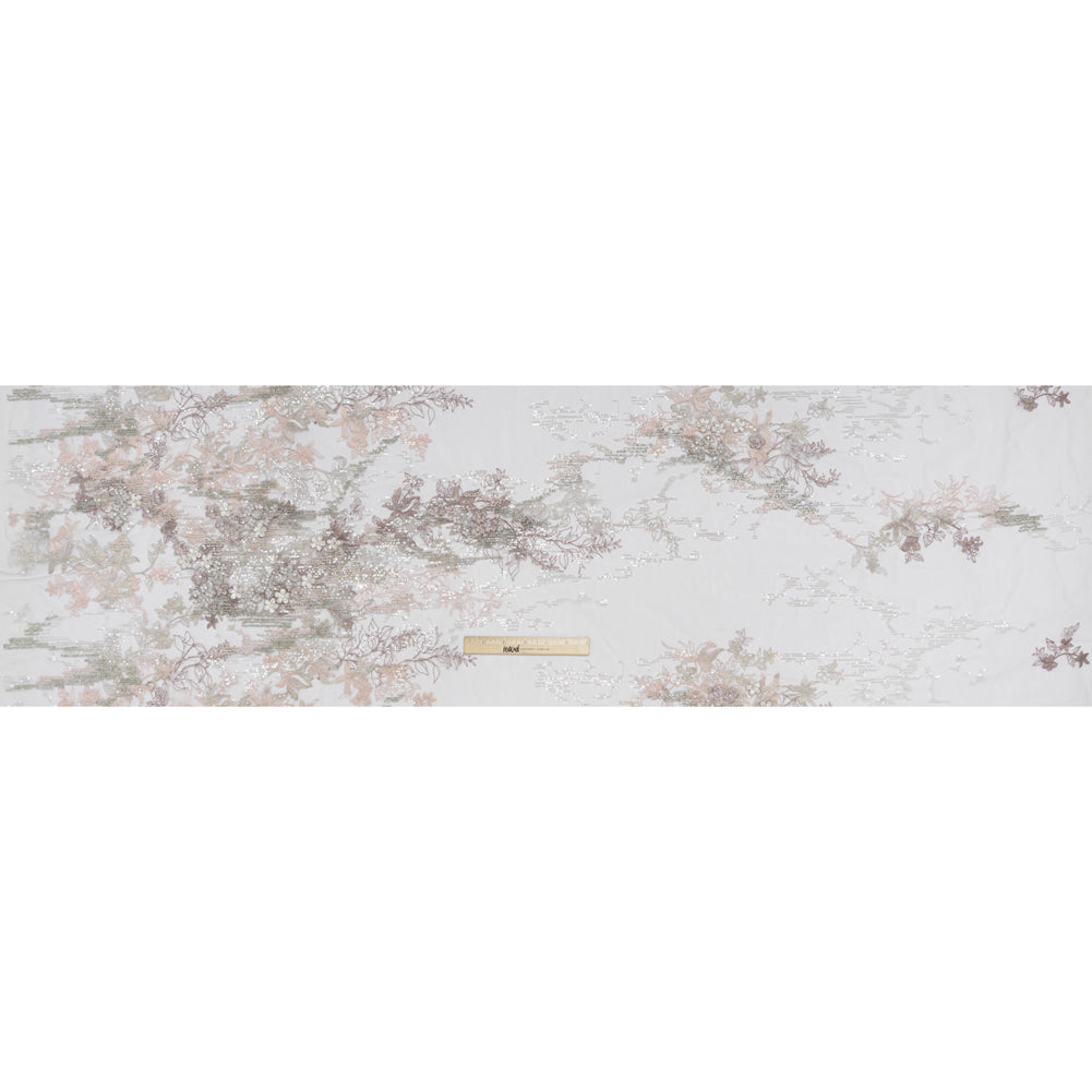 Beaded and Embroidered Tulle with 3D Appliques - Light Gray and Pink Floral Reflections - Full
