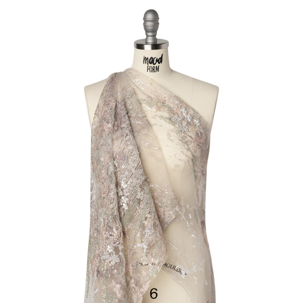 Beaded and Embroidered Tulle with 3D Appliques - Light Gray and Pink Floral Reflections Drape