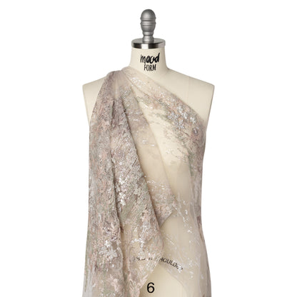 Beaded and Embroidered Tulle with 3D Appliques - Light Gray and Pink Floral Reflections Drape