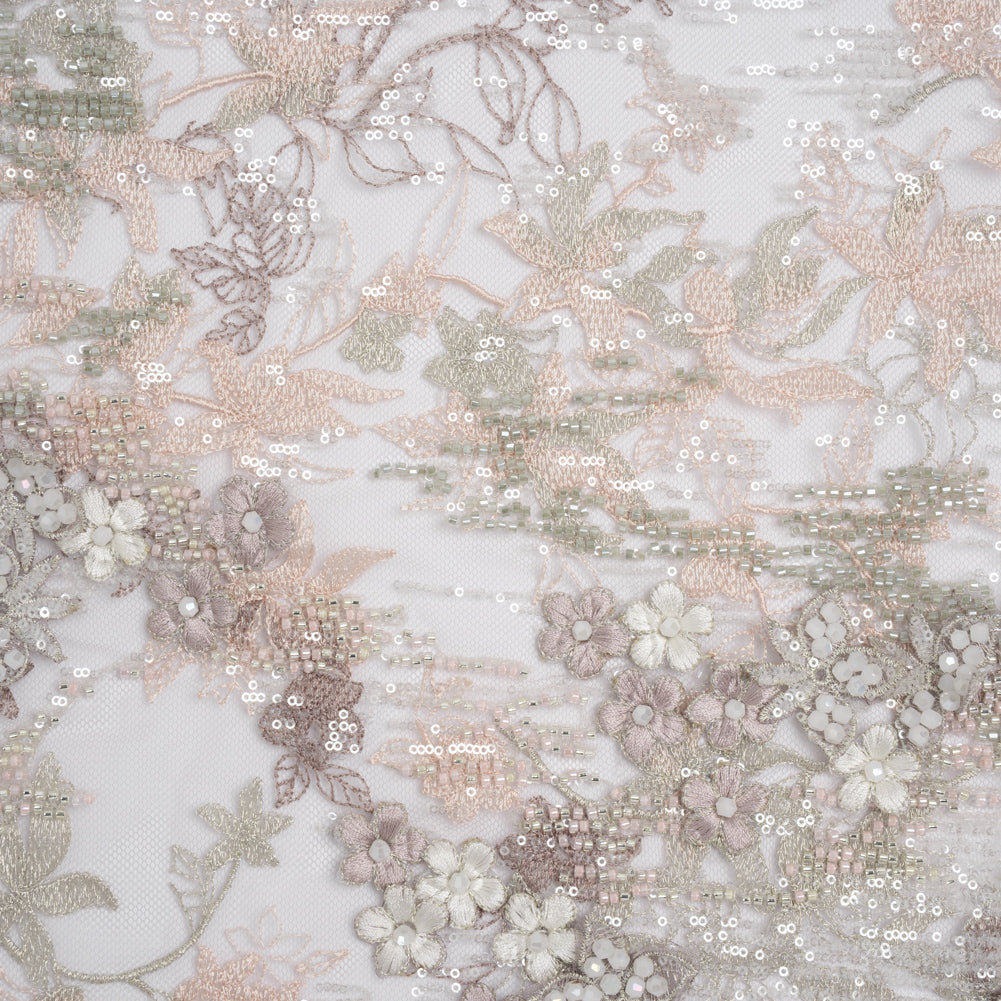 Beaded and Embroidered Tulle with 3D Appliques - Light Gray and Pink Floral Reflections