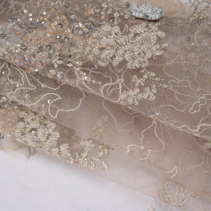 Embroidered and Beaded Tulle with 3D Ribbon Flowers and Finished Edge - Taupe, Beige and Gray Fancy Flower Folded