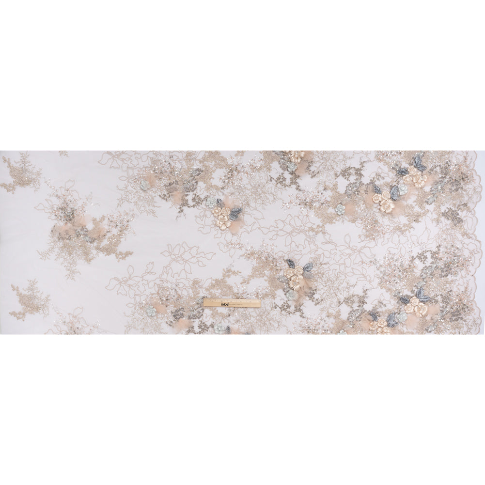 Embroidered and Beaded Tulle with 3D Ribbon Flowers and Finished Edge - Taupe, Beige and Gray Fancy Flower - Full