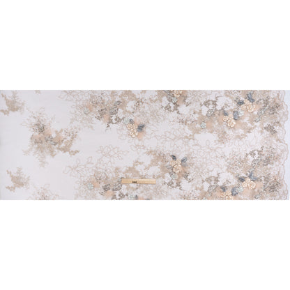 Embroidered and Beaded Tulle with 3D Ribbon Flowers and Finished Edge - Taupe, Beige and Gray Fancy Flower - Full