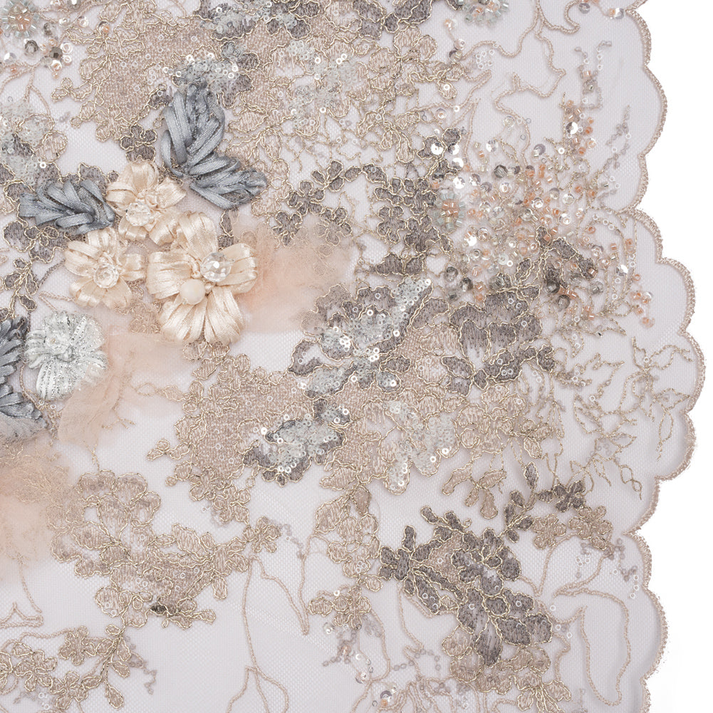 Embroidered and Beaded Tulle with 3D Ribbon Flowers and Finished Edge - Taupe, Beige and Gray Fancy Flower