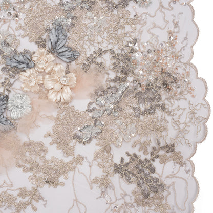 Embroidered and Beaded Tulle with 3D Ribbon Flowers and Finished Edge - Taupe, Beige and Gray Fancy Flower