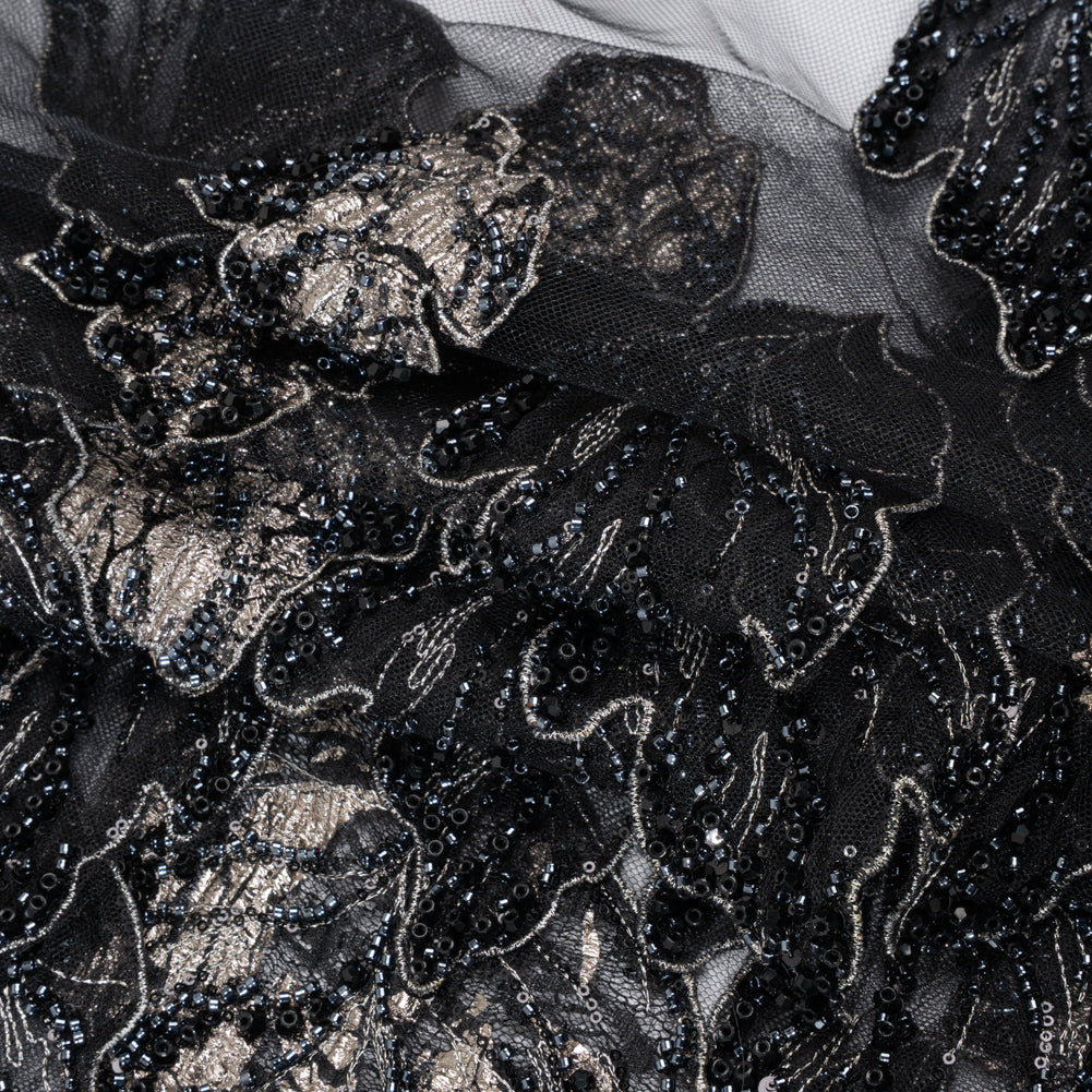Embroidered and Beaded 3D Applique Tulle - Black, Silver and Navy Blue Luminous Leaves Folded