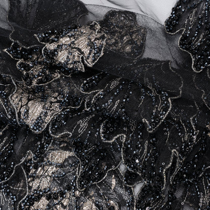 Embroidered and Beaded 3D Applique Tulle - Black, Silver and Navy Blue Luminous Leaves Folded
