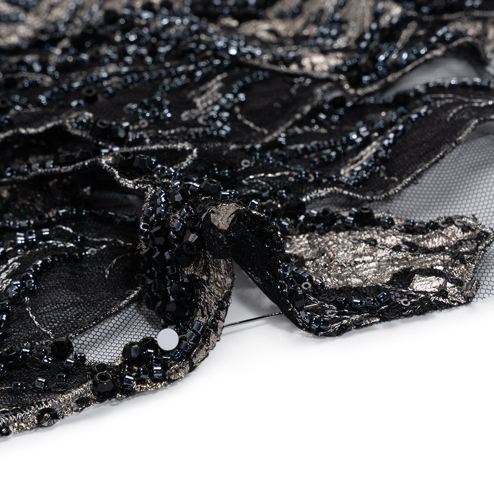 Embroidered and Beaded 3D Applique Tulle - Black, Silver and Navy Blue Luminous Leaves Detail
