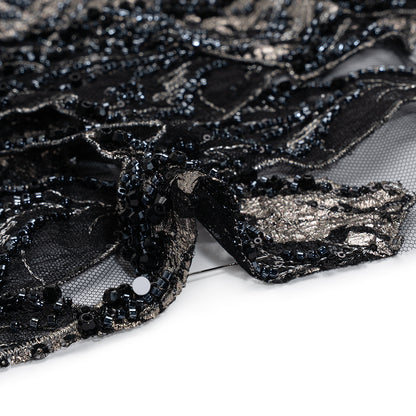 Embroidered and Beaded 3D Applique Tulle - Black, Silver and Navy Blue Luminous Leaves Detail