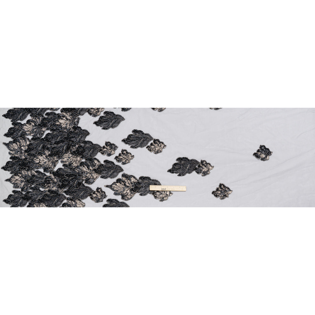 Embroidered and Beaded 3D Applique Tulle - Black, Silver and Navy Blue Luminous Leaves - Full
