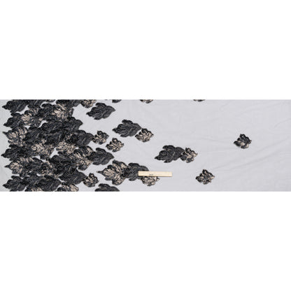 Embroidered and Beaded 3D Applique Tulle - Black, Silver and Navy Blue Luminous Leaves - Full