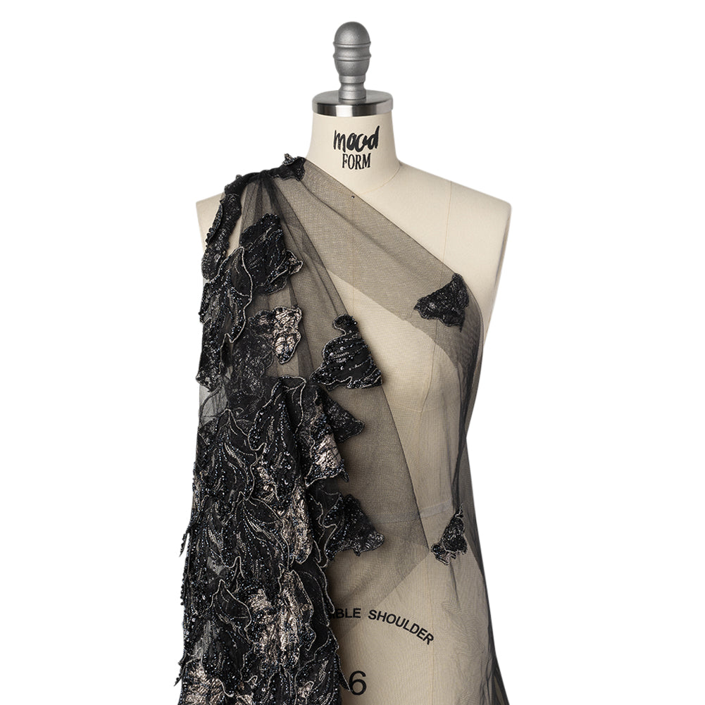 Embroidered and Beaded 3D Applique Tulle - Black, Silver and Navy Blue Luminous Leaves Drape