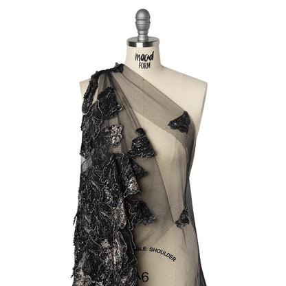 Embroidered and Beaded 3D Applique Tulle - Black, Silver and Navy Blue Luminous Leaves Drape
