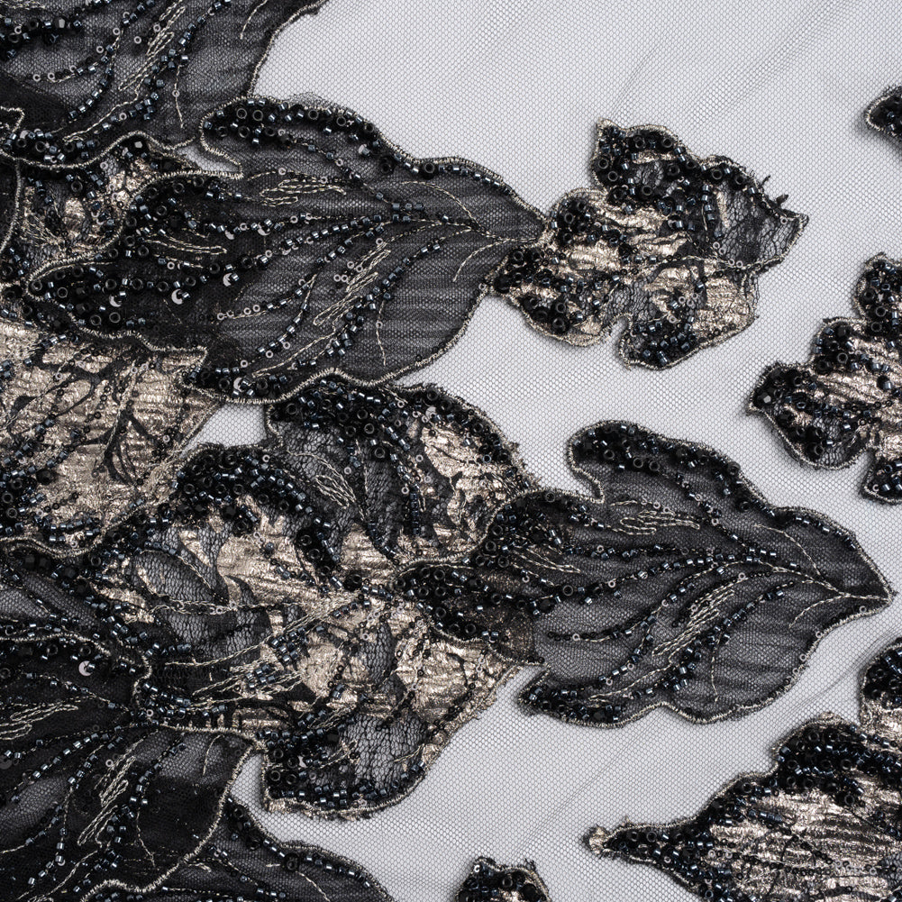 Embroidered and Beaded 3D Applique Tulle - Black, Silver and Navy Blue Luminous Leaves