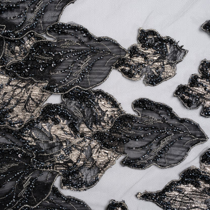 Embroidered and Beaded 3D Applique Tulle - Black, Silver and Navy Blue Luminous Leaves