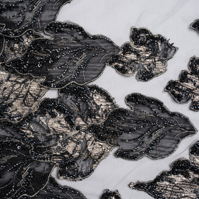 Embroidered and Beaded 3D Applique Tulle - Black, Silver and Navy Blue Luminous Leaves