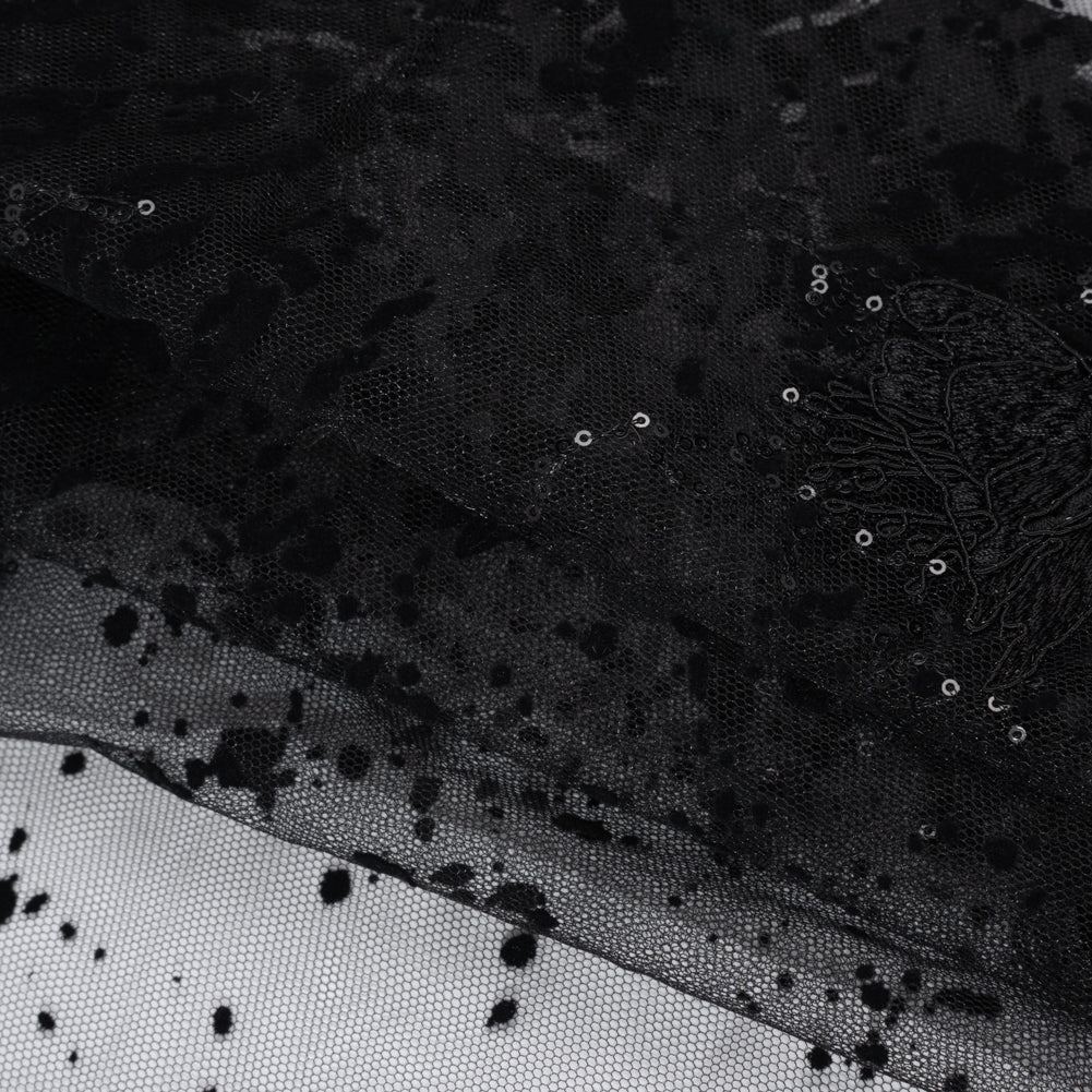 Embroidered Abstract Flocked Tulle with Baby Sequins - Black Floral Folded