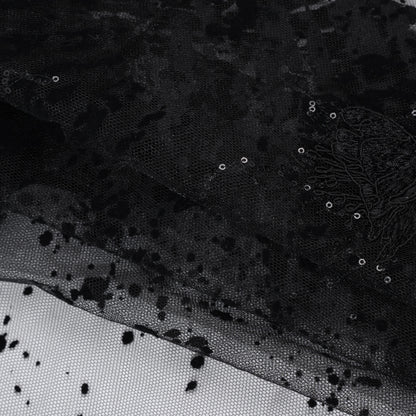Embroidered Abstract Flocked Tulle with Baby Sequins - Black Floral Folded
