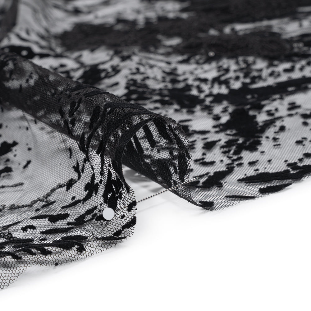 Embroidered Abstract Flocked Tulle with Baby Sequins - Black Floral Detail